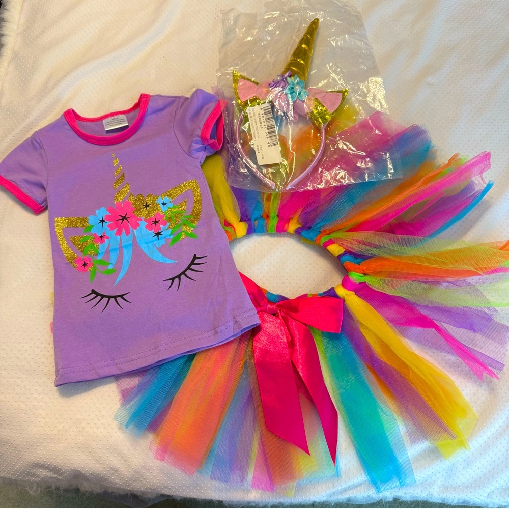 Unicorn Outfit Costume Shirt Tutu Headband Toddler XXXS Colorful Party Photos